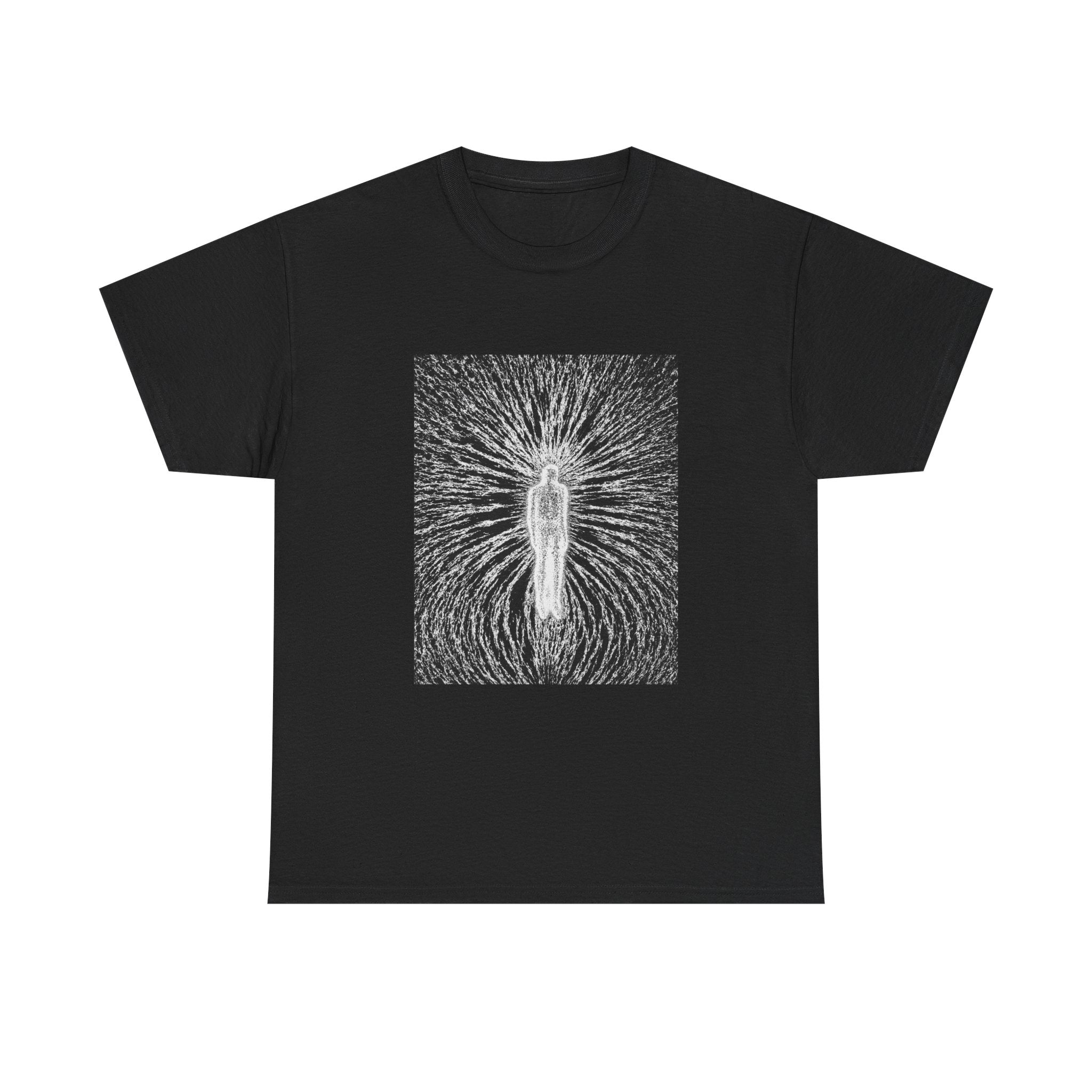 Mystic Radiance T-Shirt — Ethereal Figure with Radiant Lines